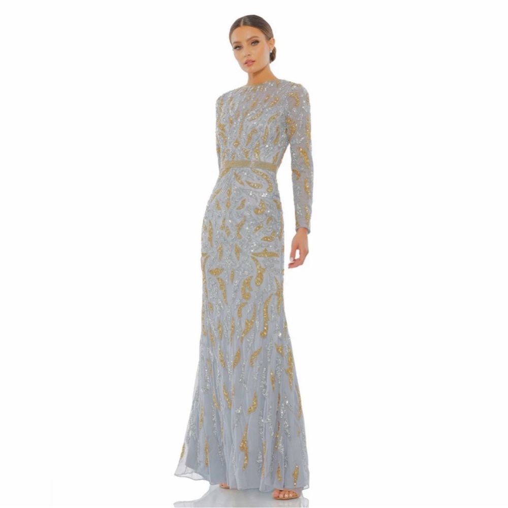 MAC DUGGAL Beaded Long Sleeve Evening Gown Dress NEW Size 8 Platinum Gold
